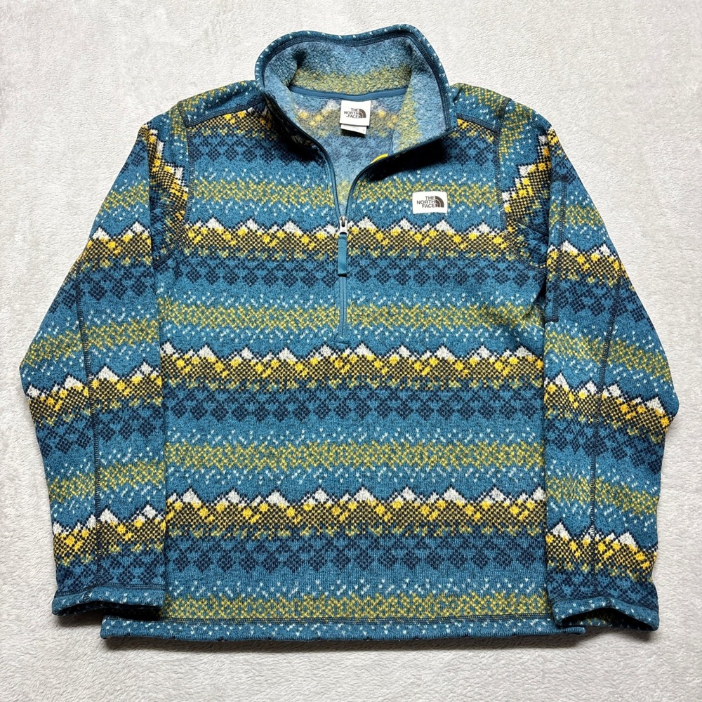 The North Face Fleece Pullover Mens S Quarter Zip Blue Fair Isle Mountain EUC